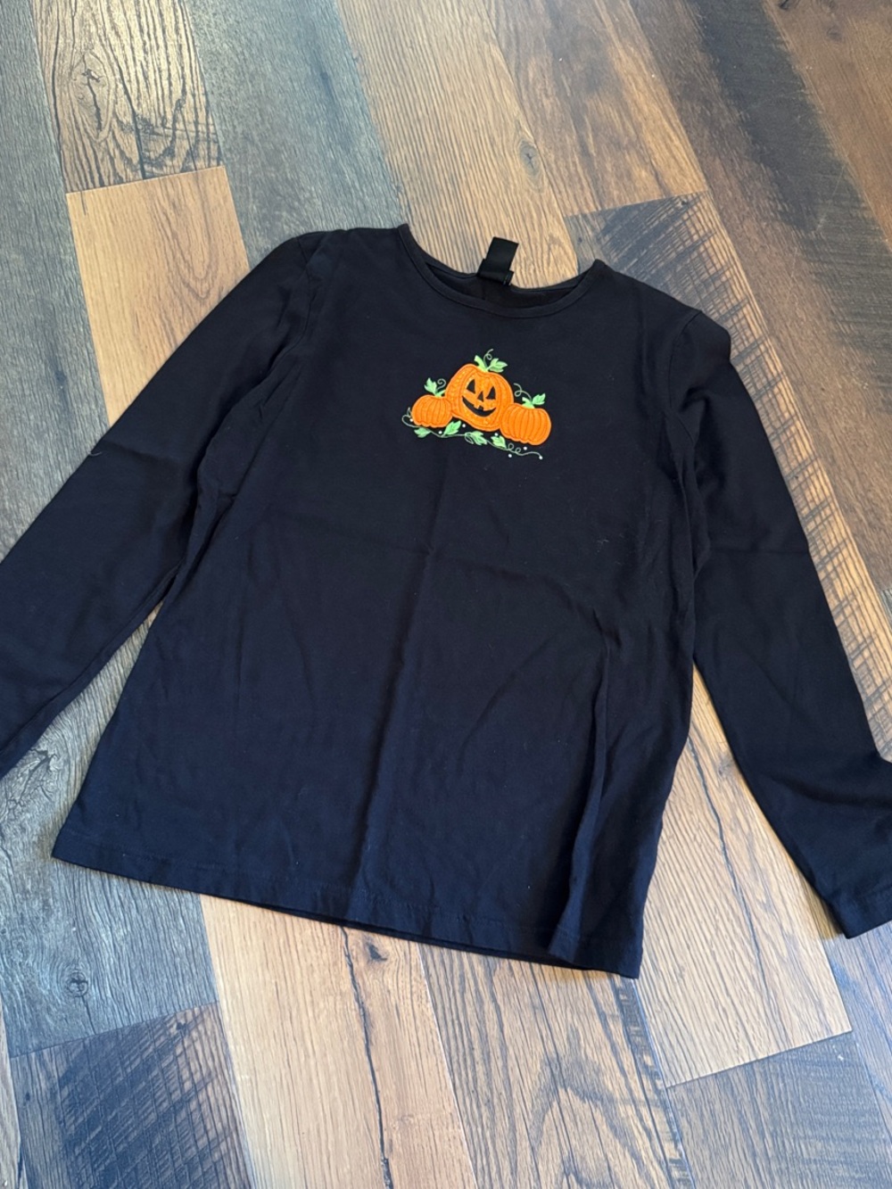 Black Long-Sleeve Tee with Jack-O'-Lantern Pumpkin Graphic